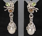 Серьги из серебра 925 пробы с жемчугом, перидотами и цитринами.